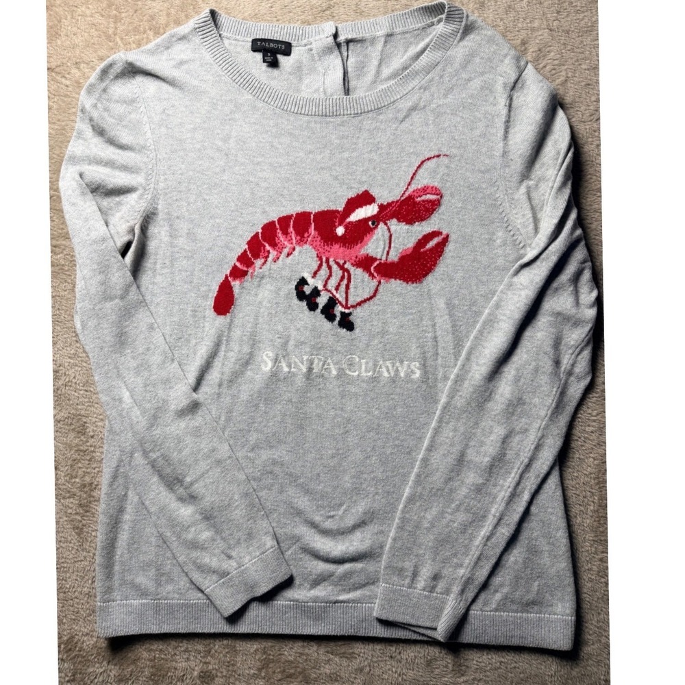 Talbots Women Santa Claws Lobster Sweater Gray Size S Holiday Kitchsy RARE